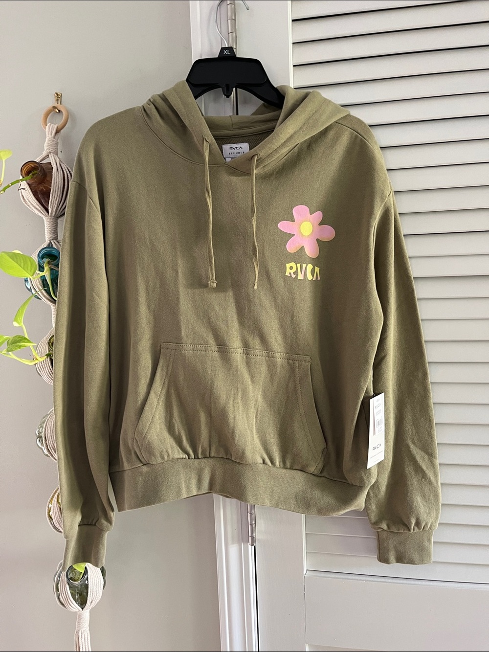 RVCA Olive Green Hoodie with Pink Flower Graphic